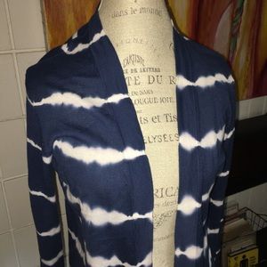 LOFT Navy & White Tie-dye Open Front Cardigan